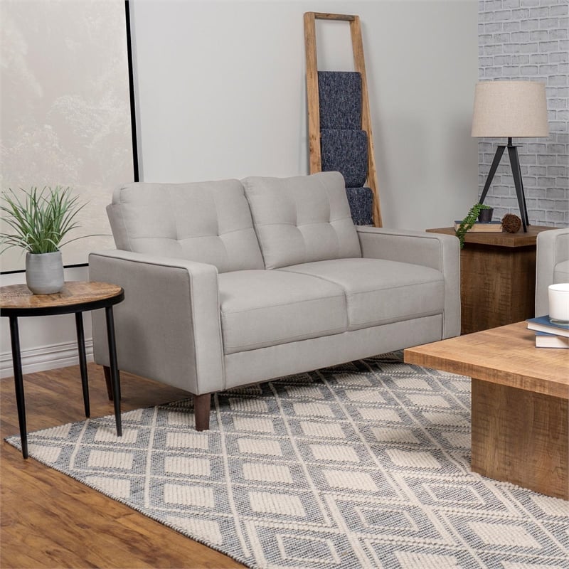 Pemberly Row Upholstered Fabric Loveseat with Track Arms in Beige
