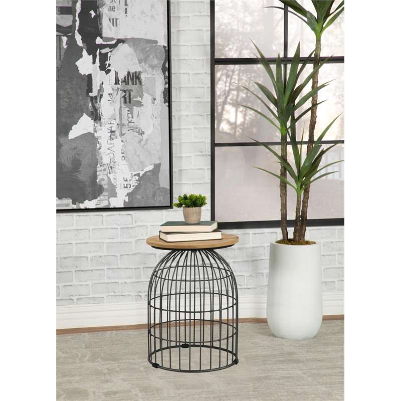 Pemberly Row Round Metal Accent Table with Case Base in Natural/Gunmetal