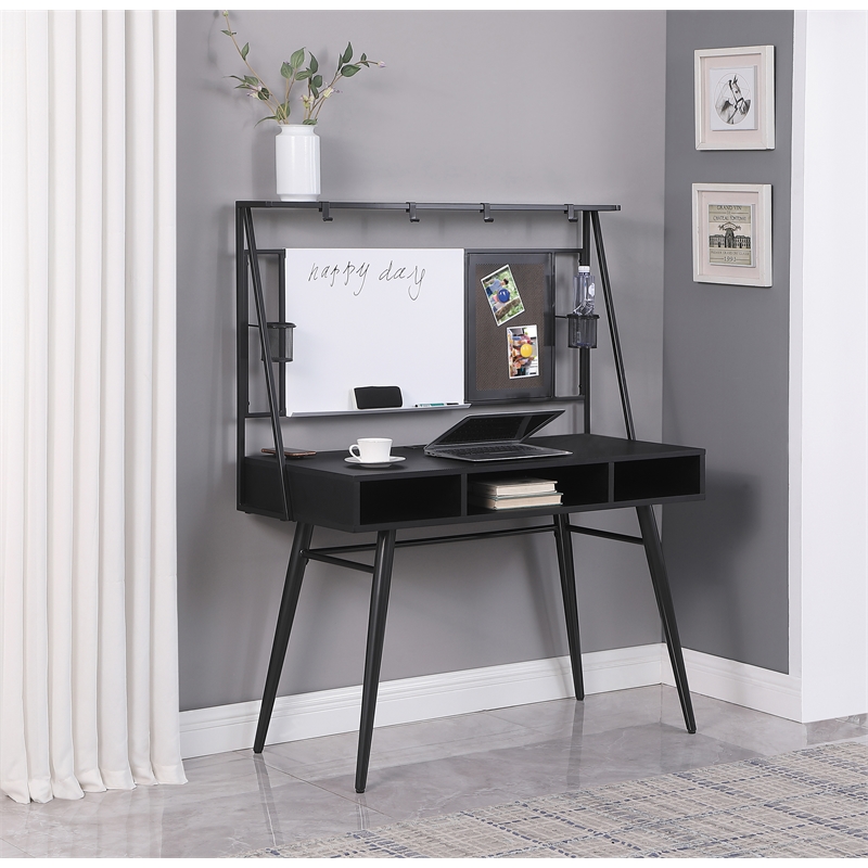 Pemberly Row Wood Writing Desk with USB Ports in Black and Gunmetal