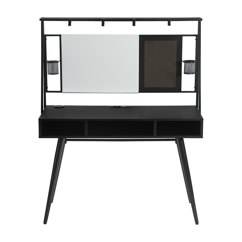 Pemberly Row Wood Writing Desk with USB Ports in Black and Gunmetal