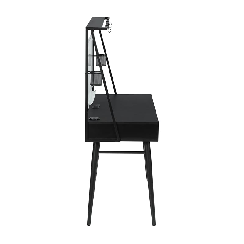 Pemberly Row Wood Writing Desk with USB Ports in Black and Gunmetal