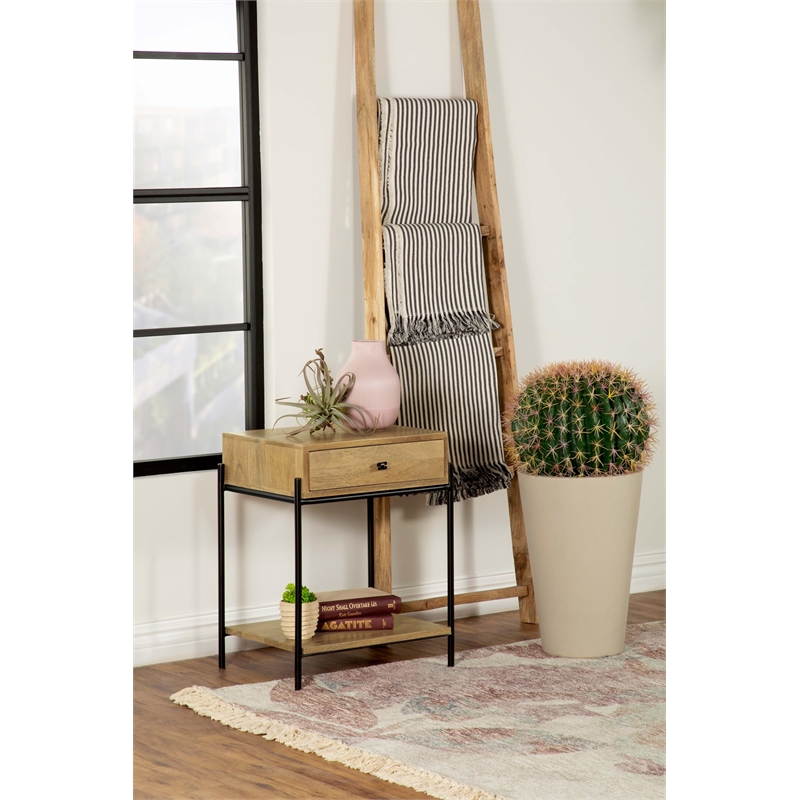 Pemberly Row 1-Drawer Wood Accent Table with Open Shelf in Natural/Black