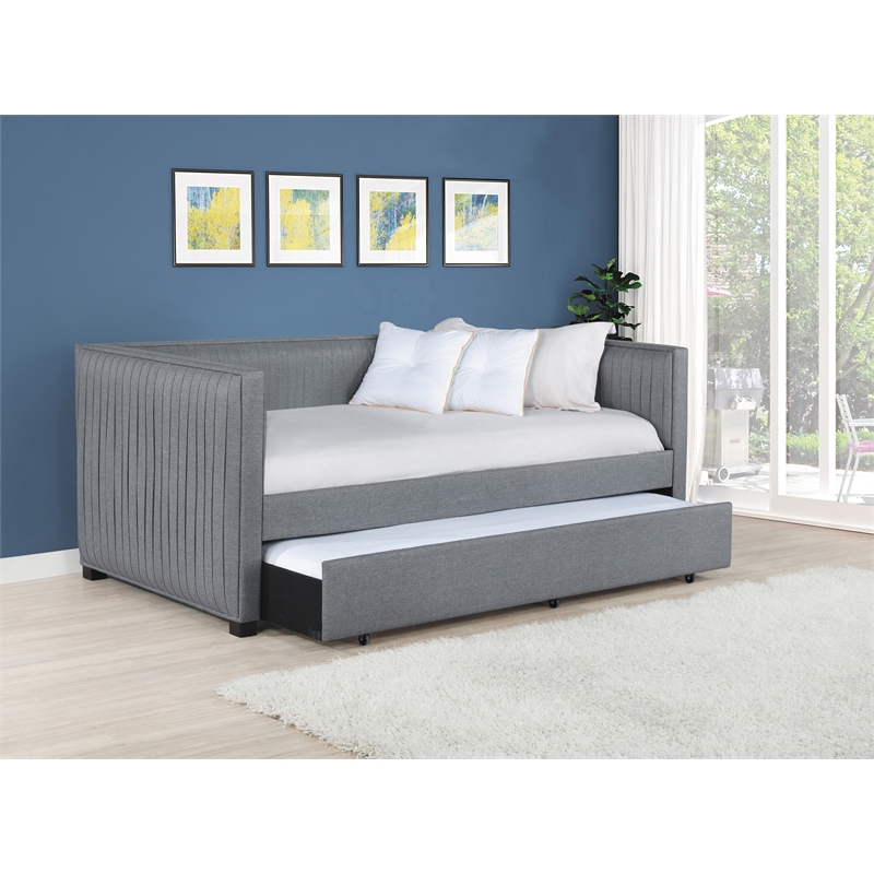 Pemberly Row Modern Fabric Upholstered Twin Daybed with Trundle in Gray