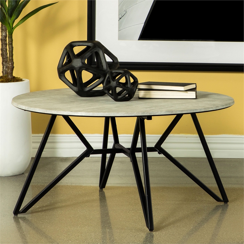 Pemberly Row Modern Wood Round Coffee Table with Hairpin Legs in Gray