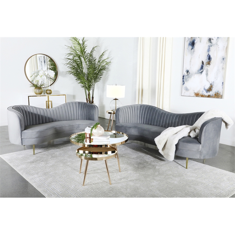 Pemberly Row 2-Piece Contemporary Velvet Camel Back Sofa Set in Gray