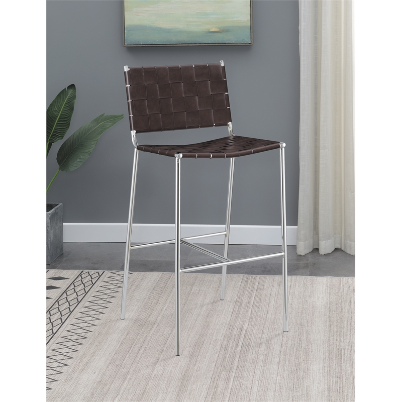 Pemberly Row Upholstered Faux Leather Bar Stool with Open Back in Brown