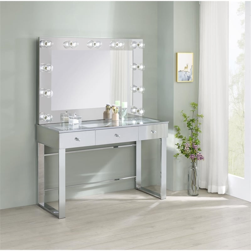 Pemberly Row 3-Drawer Wood Vanity with LED Lighting in Chrome/White