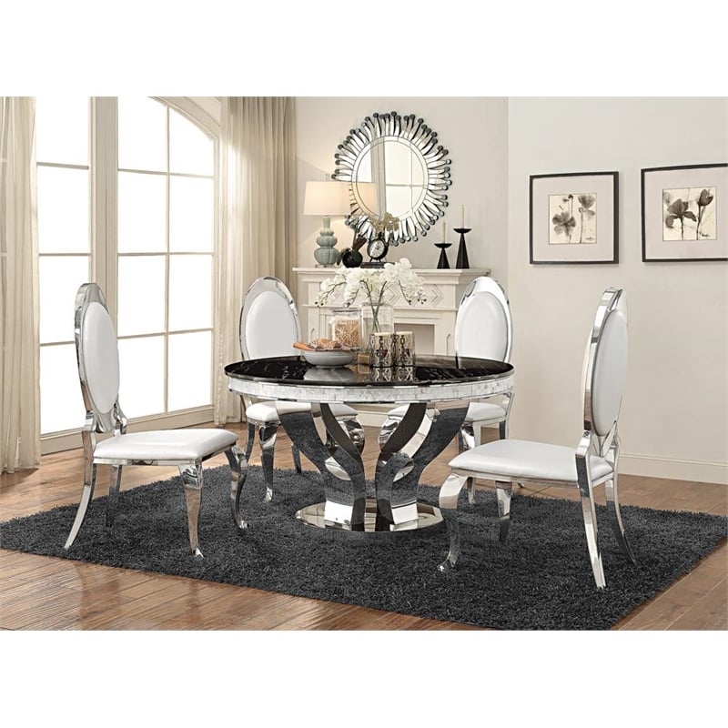 Pemberly Row Round Stainless Steel & Marble Dining Table in Chrome/Black