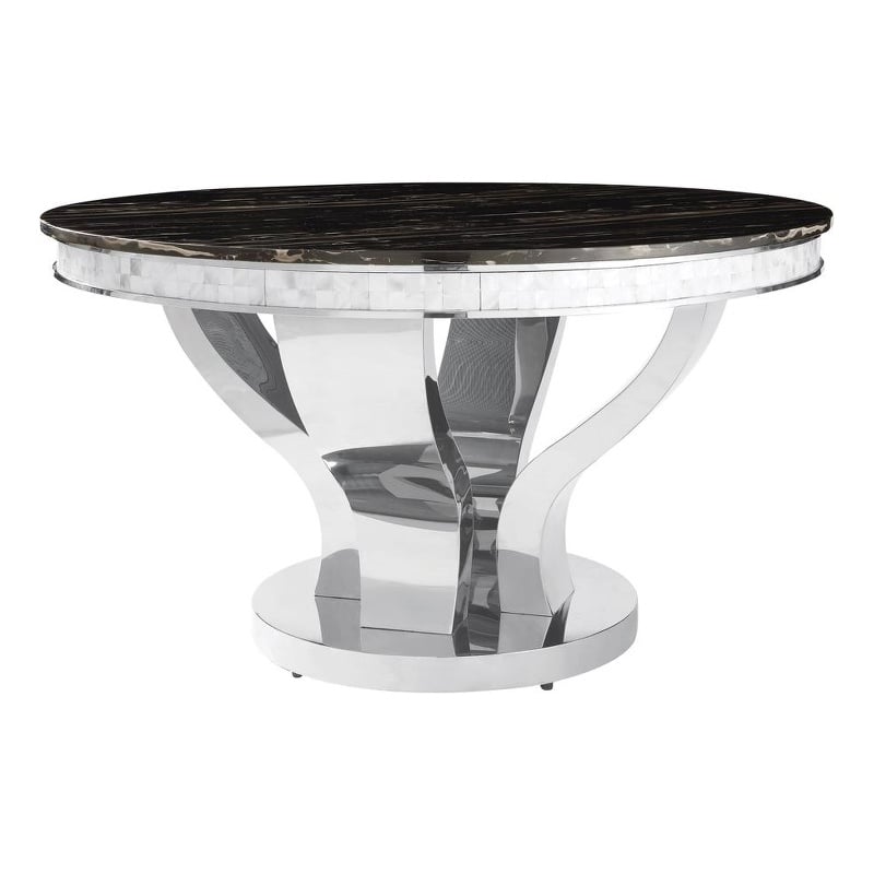 Pemberly Row Round Stainless Steel & Marble Dining Table in Chrome/Black