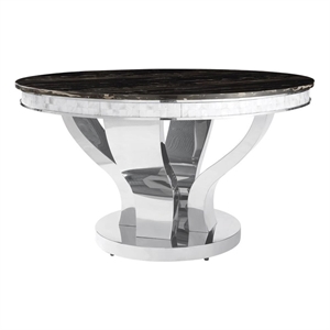 Pemberly Row Round Stainless Steel & Marble Dining Table in Chrome/Black