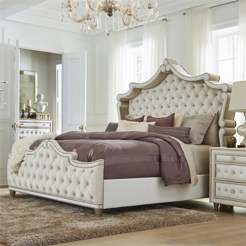 Pemberly Row Upholstered Velvet California King Bed in Ivory and Camel