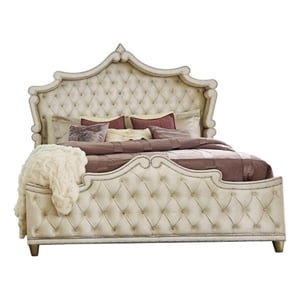 Pemberly Row Upholstered Velvet California King Bed in Ivory and Camel