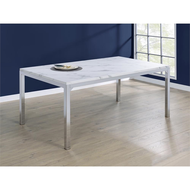 Pemberly Row Rectangle Metal Dining Table with Marble Top in Chrome