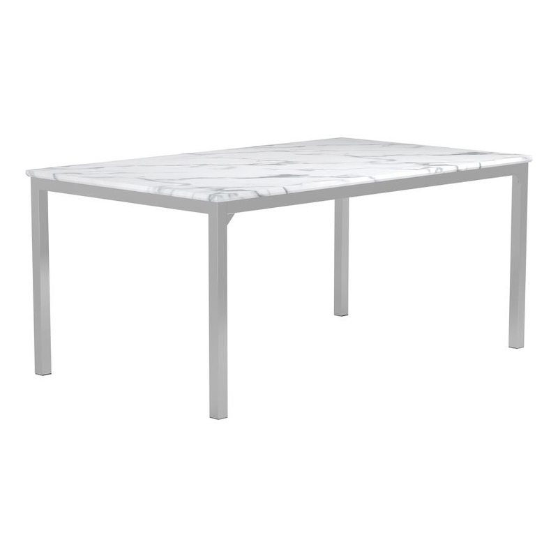 Pemberly Row Rectangle Metal Dining Table with Marble Top in Chrome