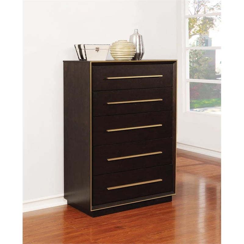 Pemberly Row Rectangular 5-drawer Modern Wood Chest in Brown Finish
