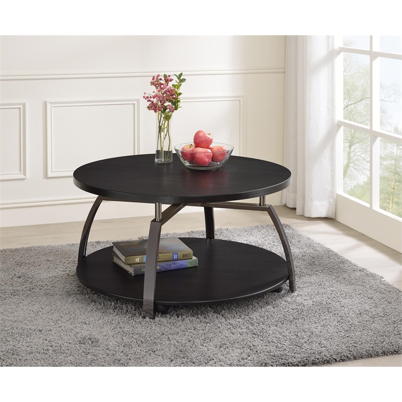 Pemberly Row Wood Round Coffee Table in Dark Gray and Black Nickel