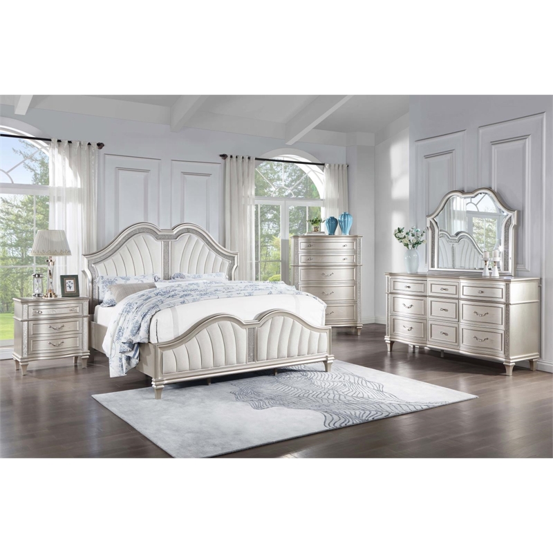 Pemberly Row Wood Tufted Platform Eastern King Bed Ivory and Silver Oak