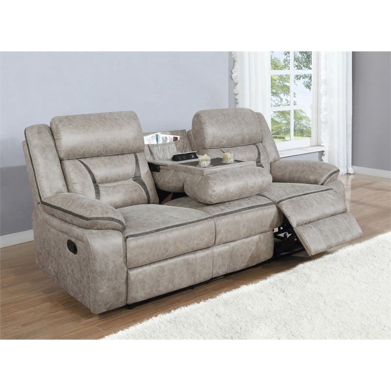Pemberly Row Faux Leather Upholstered Tufted Back Motion Sofa Taupe
