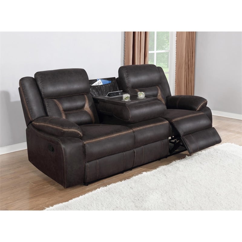 Pemberly Row Faux Leather Upholstered Tufted Back Motion Sofa Brown