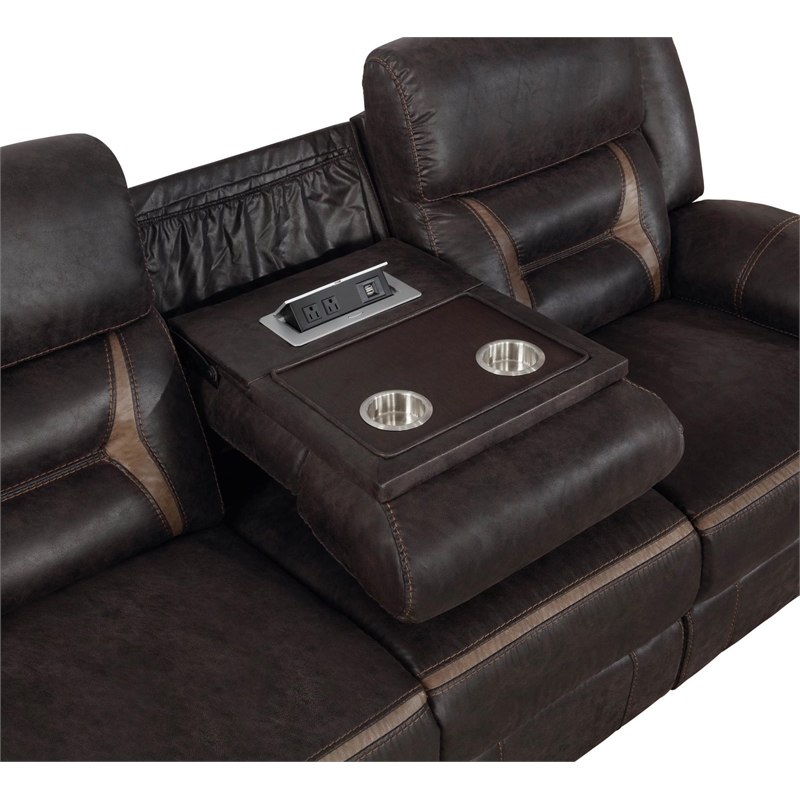 Pemberly Row Faux Leather Upholstered Tufted Back Motion Sofa Brown