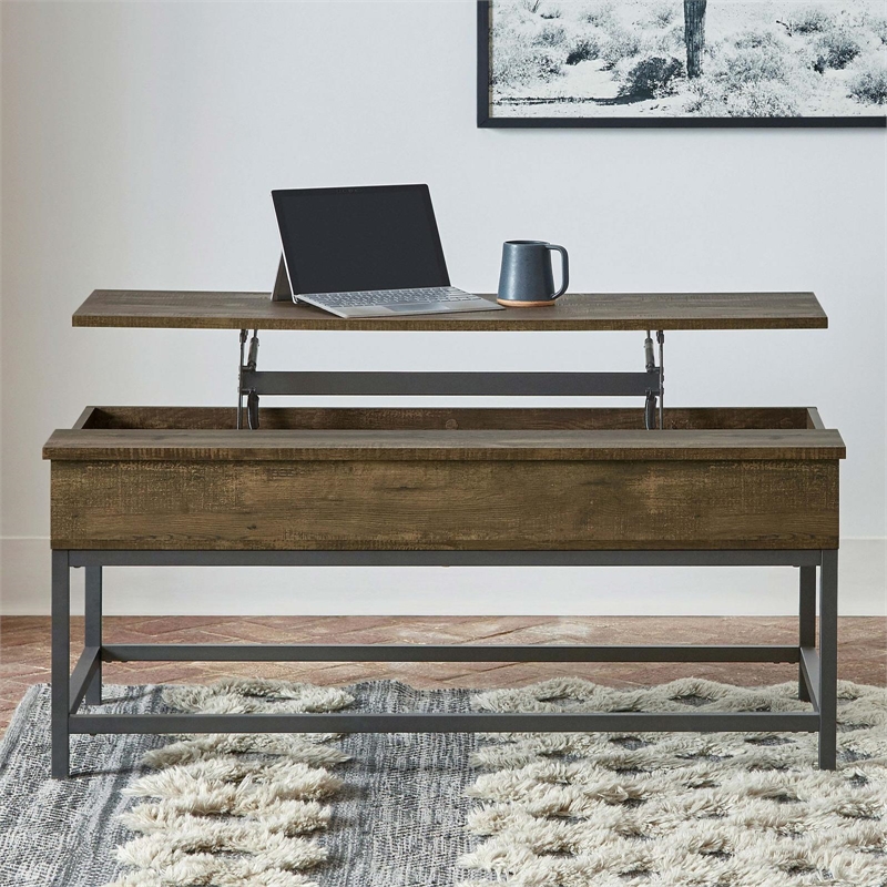 Pemberly Row Wood Coffee Table with Hidden Storage Brown Oak and Black