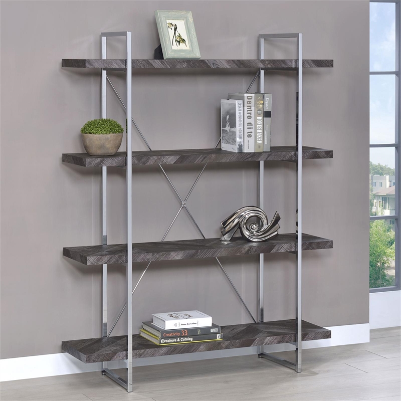Pemberly Row Contemporary 4-shelf Wood Bookcase Rustic Gray Herringbone