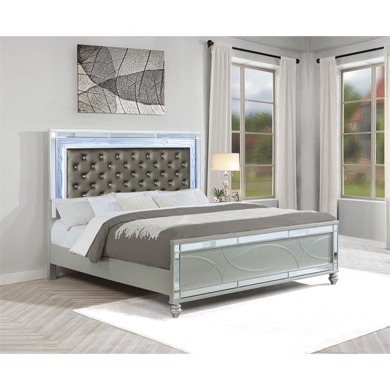 Pemberly Row Faux Leather Eastern King Panel Bed in Silver Metallic