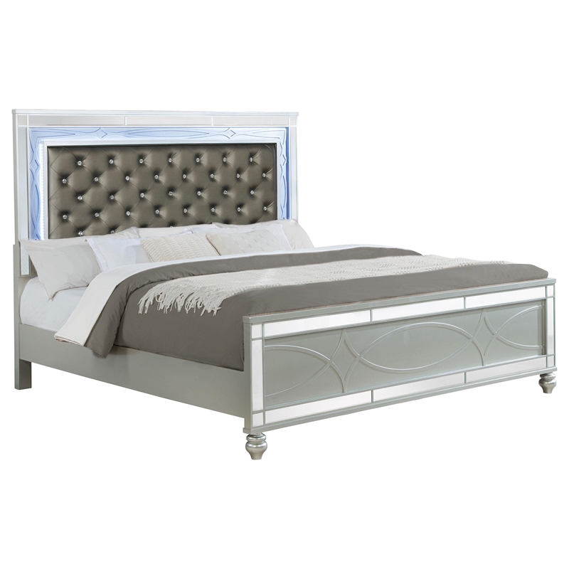 Pemberly Row Faux Leather Eastern King Panel Bed in Silver Metallic