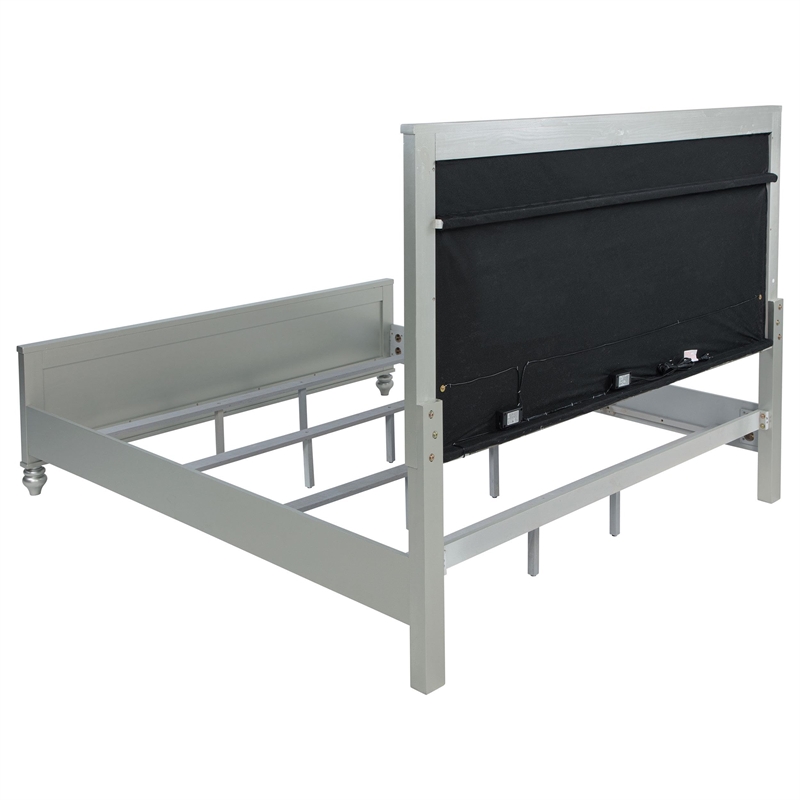 Pemberly Row Faux Leather Eastern King Panel Bed in Silver Metallic