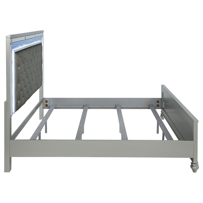 Pemberly Row Faux Leather Eastern King Panel Bed in Silver Metallic