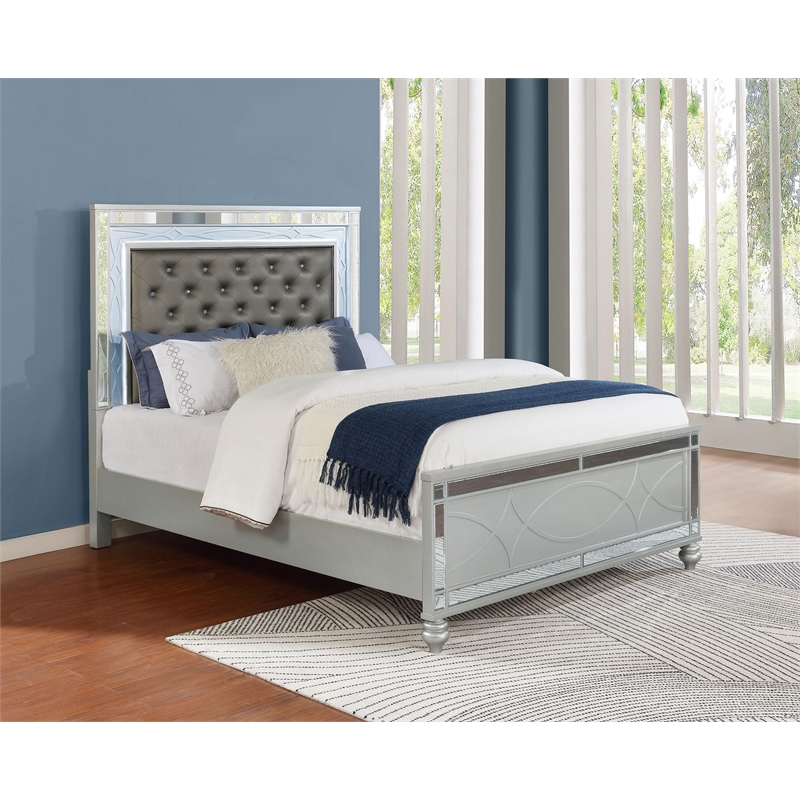 Pemberly Row Faux Leather California King Panel Bed in Silver Metallic
