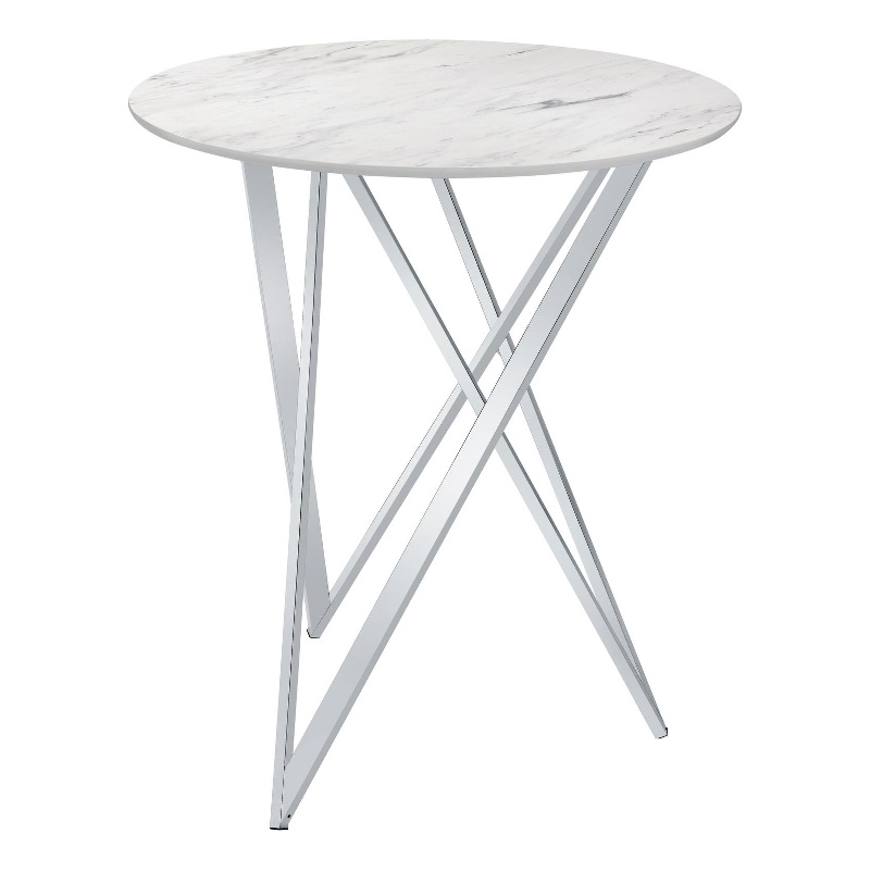 Pemberly Row Metal Faux Marble Round Top Bar Table White and Chrome