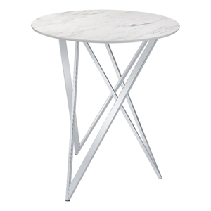 Pemberly Row Metal Faux Marble Round Top Bar Table White and Chrome