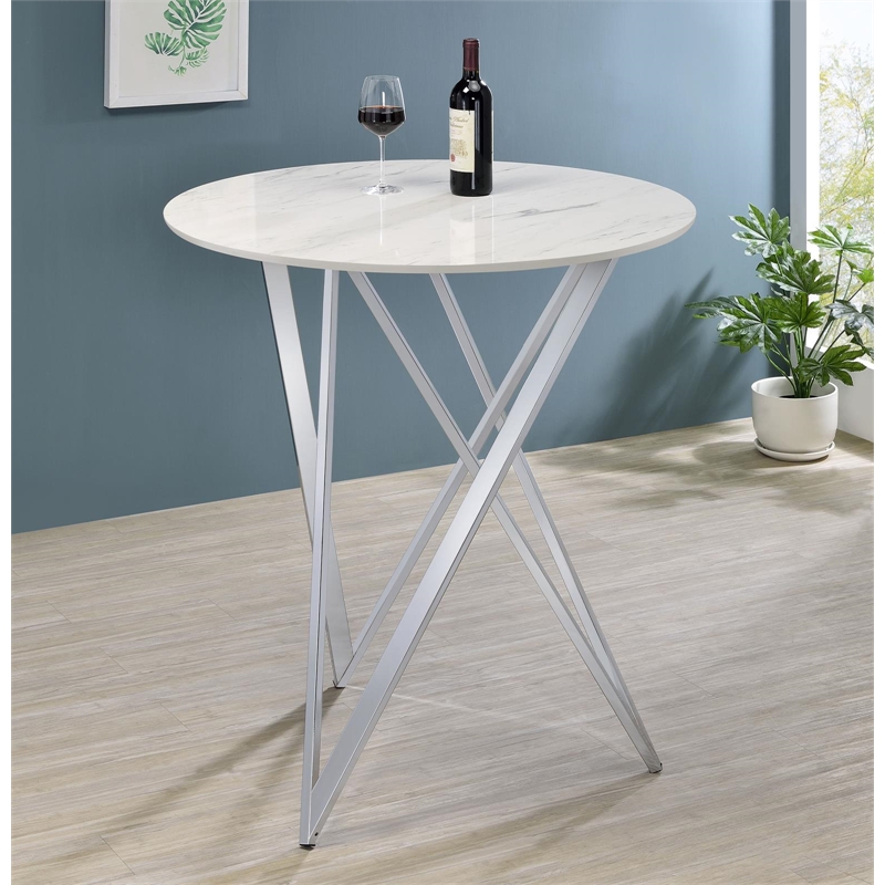 Pemberly Row Metal Faux Marble Round Top Bar Table White and Chrome