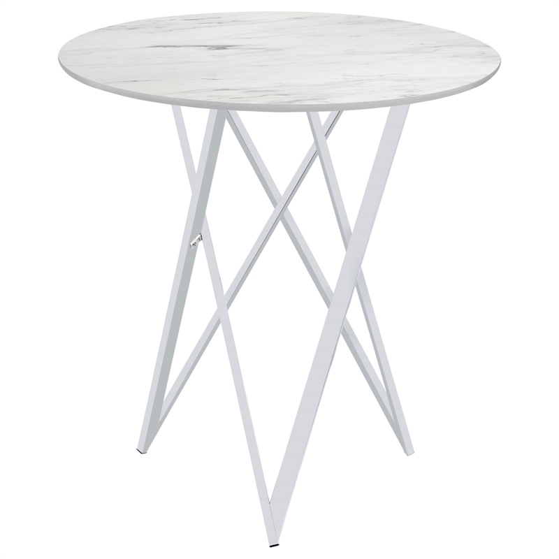 Pemberly Row Metal Faux Marble Round Top Bar Table White and Chrome