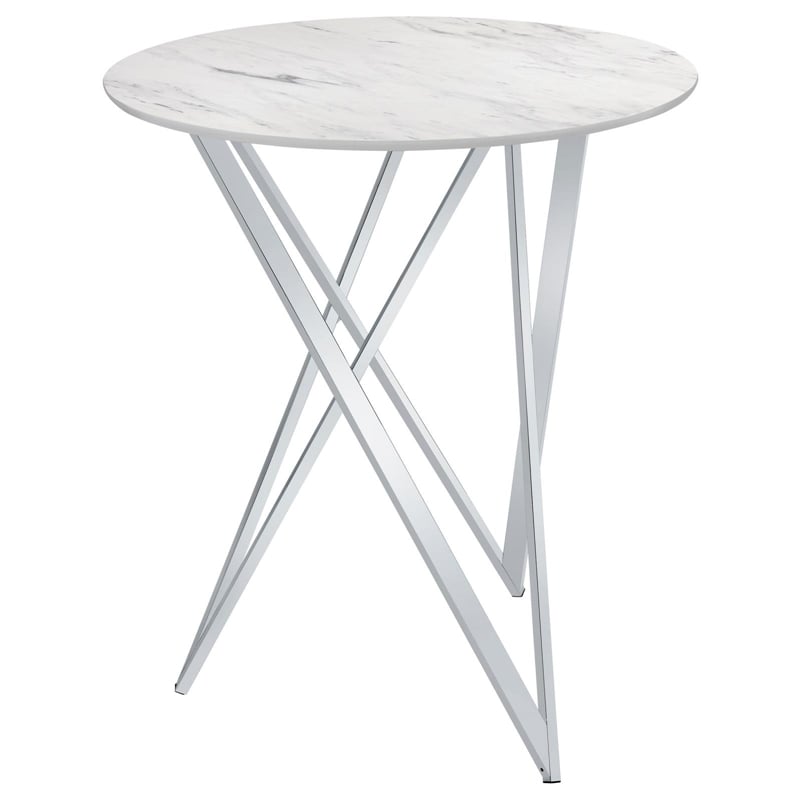 Pemberly Row Metal Faux Marble Round Top Bar Table White and Chrome