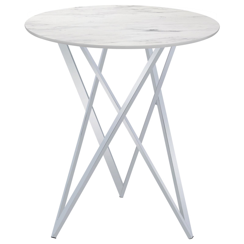 Pemberly Row Metal Faux Marble Round Top Bar Table White and Chrome