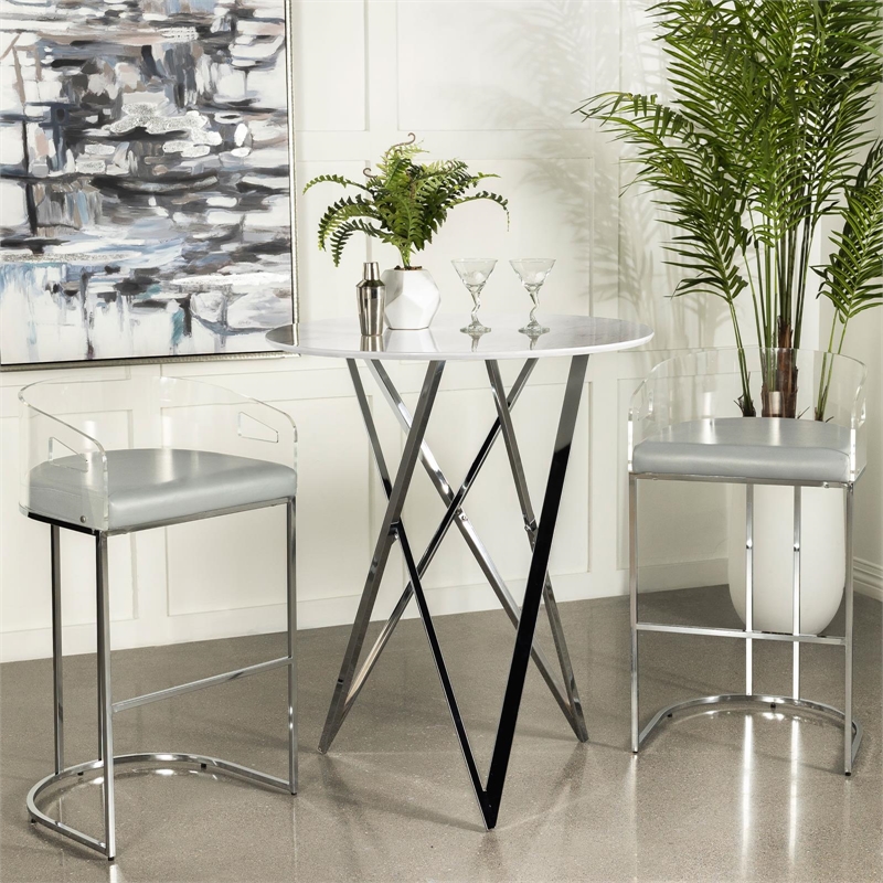 Pemberly Row Metal Faux Marble Round Top Bar Table White and Chrome