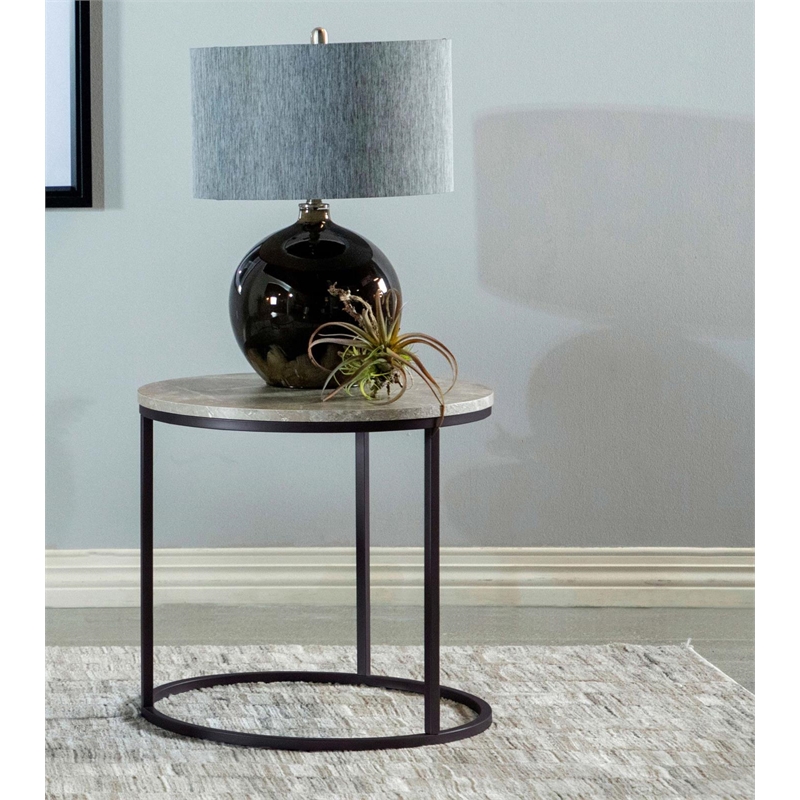 Pemberly Row Wood Faux Marble Round Top End Table Gray and Gunmetal