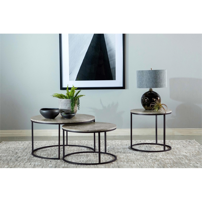 Pemberly Row Wood Faux Marble Round Top End Table Gray and Gunmetal