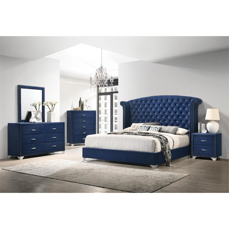 Pemberly Row Eastern King Wingback Velvet Upholstered Bed Pacific Blue