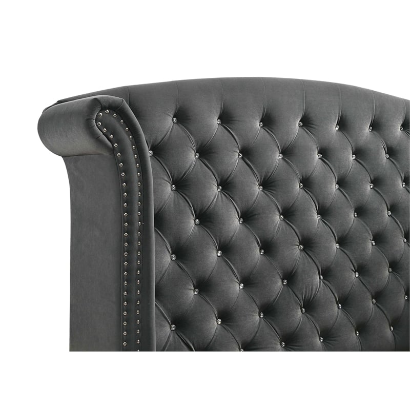 Pemberly Row Contemporary Queen Wingback Velvet Upholstered Bed in Gray