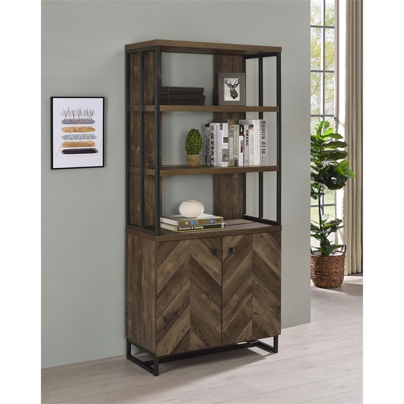 Pemberly Row 2-door Wood Bookcase Rustic Oak Herringbone and Gunmetal