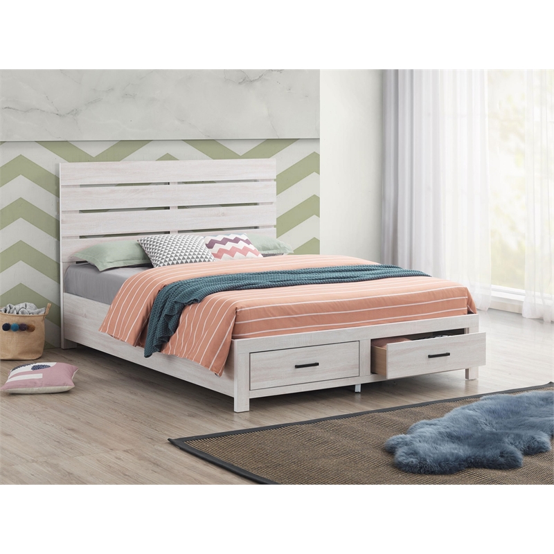 Pemberly Row Farmhouse Wood Eastern King Storage Bed Coastal White