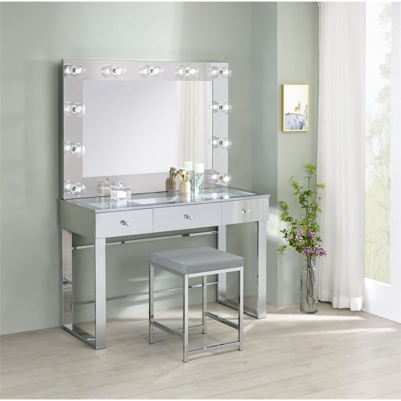 Pemberly Row Faux Leather Upholstered Square Cushion Vanity Stool Gray
