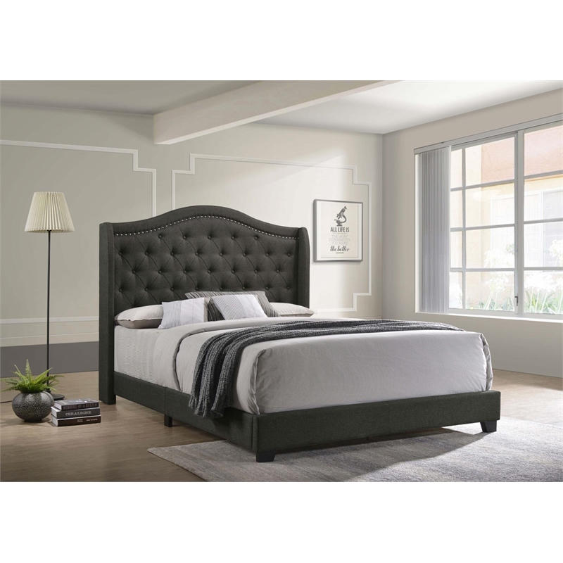 Pemberly Row Transitional Fabric Upholstered Camel Back Queen Bed Gray