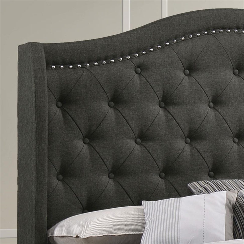 Pemberly Row Transitional Fabric Upholstered Camel Back Queen Bed Gray