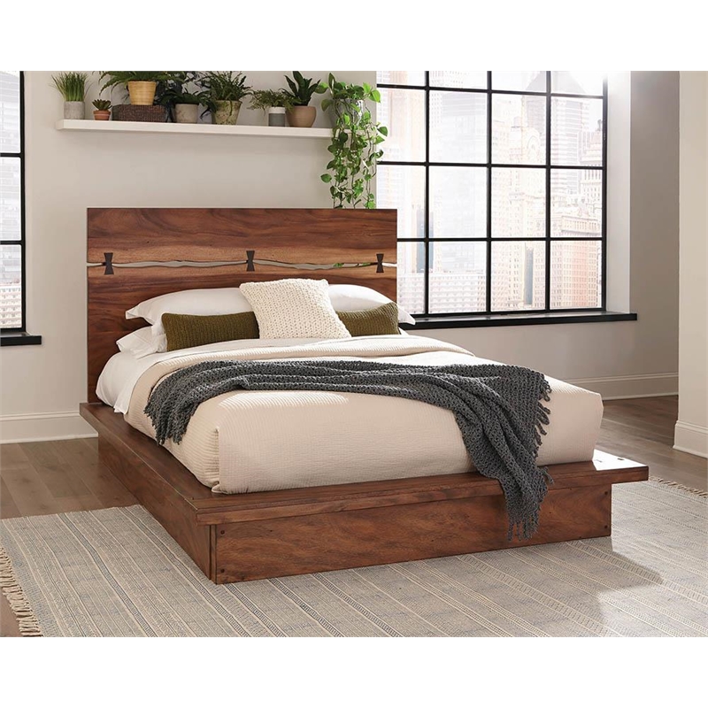Pemberly Row Farmhouse Wood Eastern King Bed Smokey Walnut and Brown