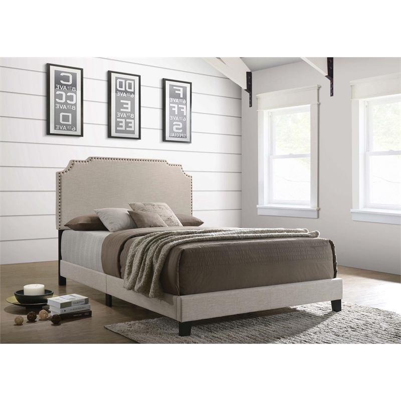 Pemberly Row Transitional Fabric Upholstered Nailhead Queen Bed Beige