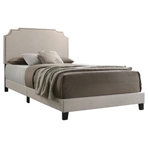 Pemberly Row Transitional Fabric Upholstered Nailhead Queen Bed Beige